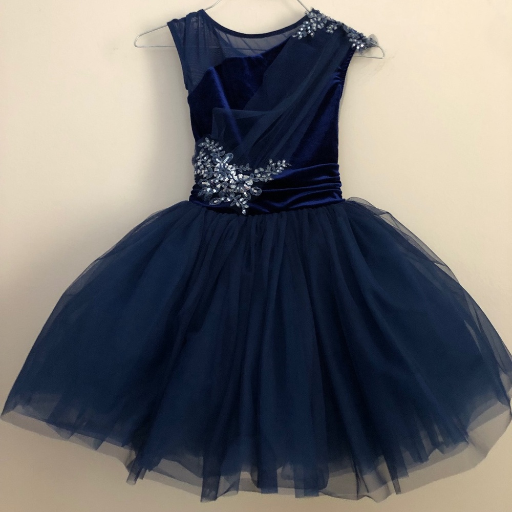 Breathtaking navy blue velvet tulle dress fit and flare dance costume LC